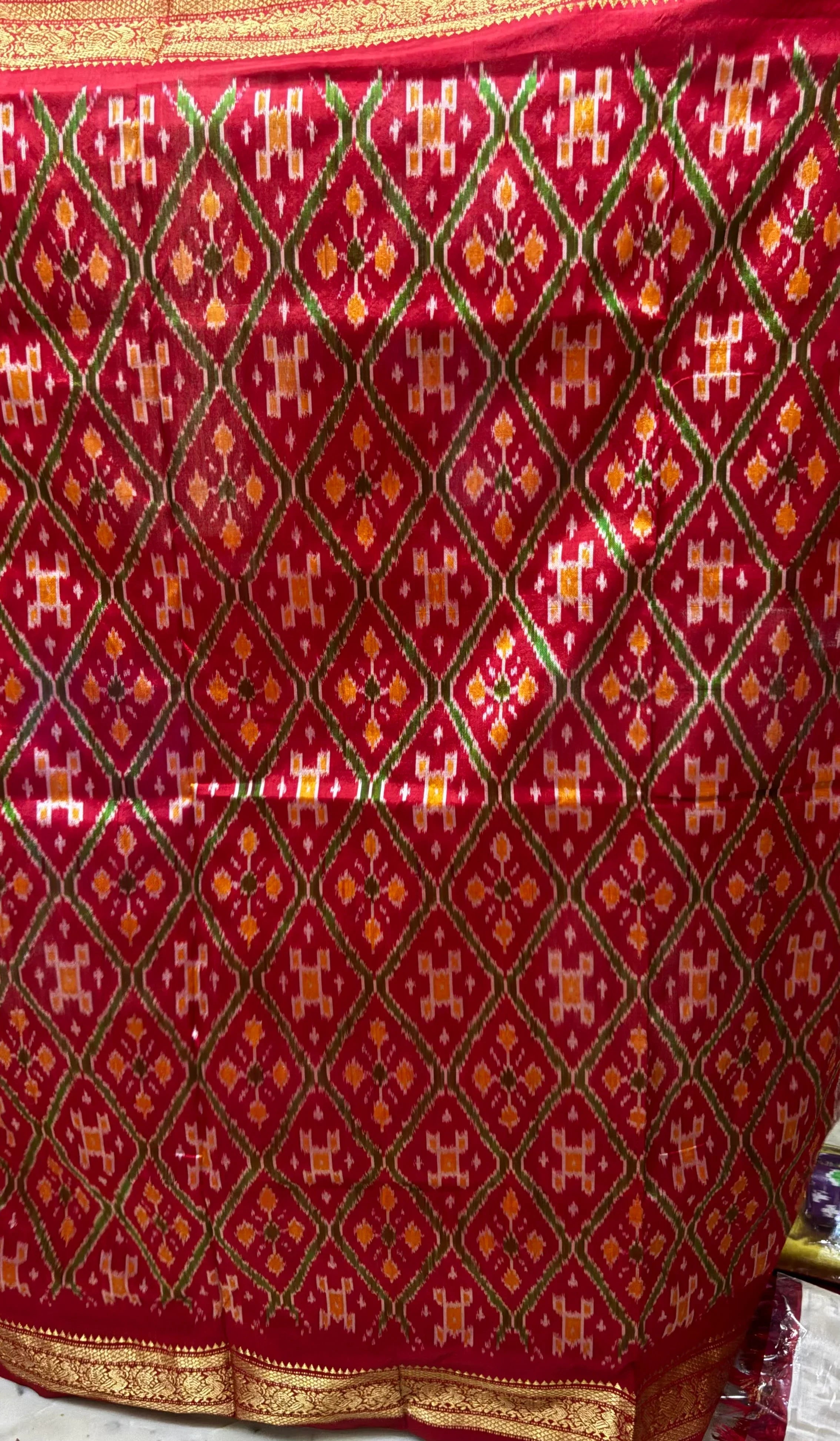 Traditional Handwoven Red & Black Checks Patola Ikkat Silk Saree - pochampallysarees.com