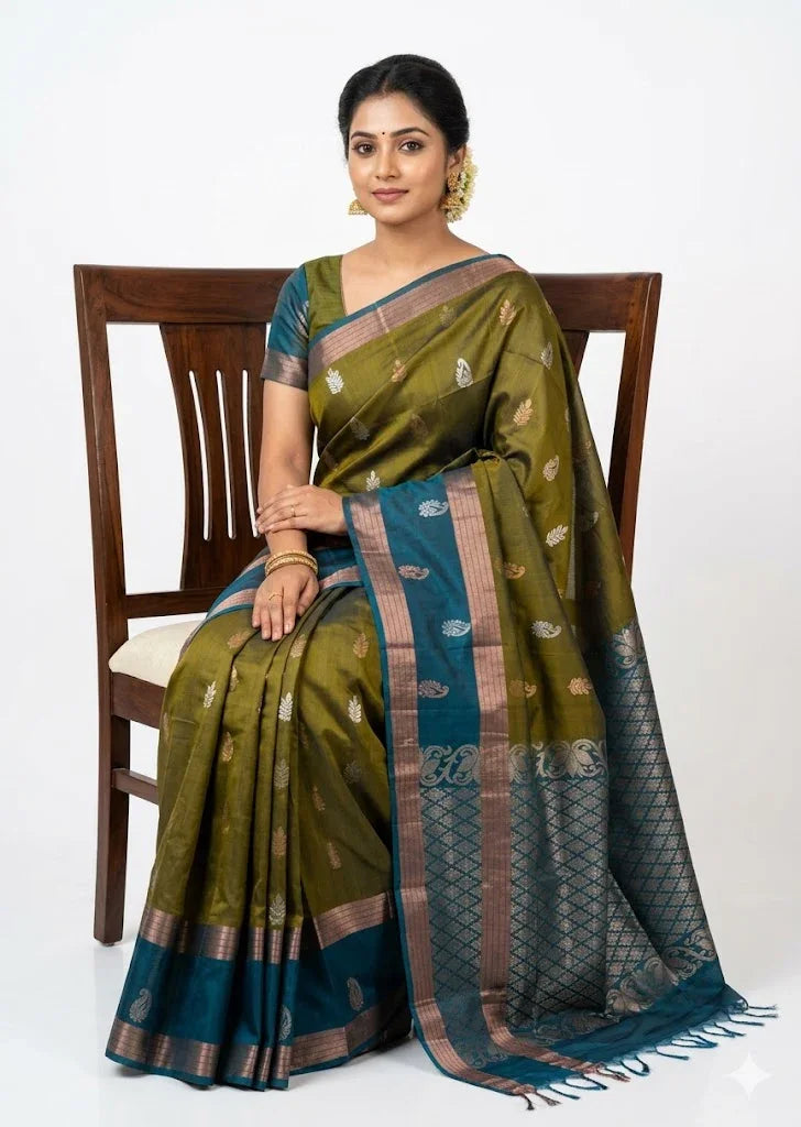 Elegant Olive Green Pure Soft Silk Saree with Teal Blue Zari Pallu | Traditional Festive Wear - pochampallysarees.com