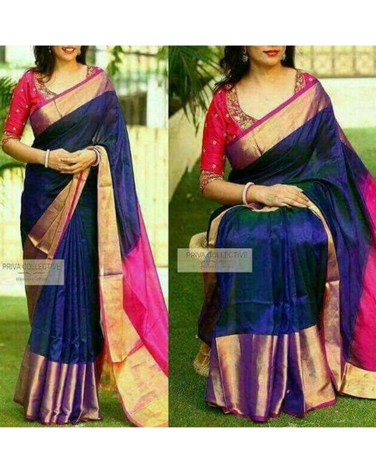 UPPADA SILK BIG TISSUE BORDER NAVY BLUE COLOUR SAREE - pochampallysarees.com