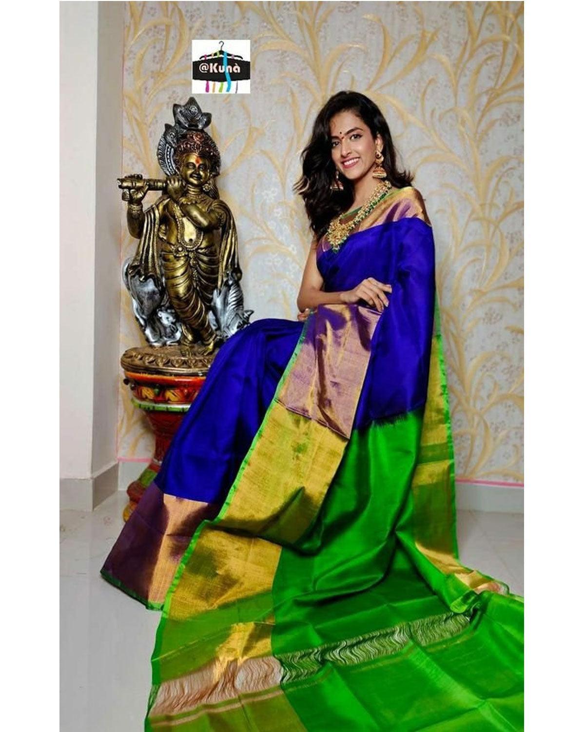 Blue Uppada Pure Silk Saree with Screenprint 2024 design/FALLPICO (EDGES) DONE/Ready to Wear - A1066