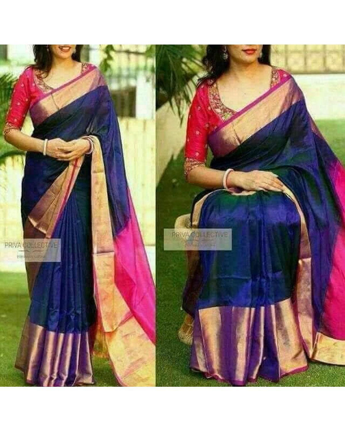 UPPADA SILK NAVY BLUE WITH PINK COLOR SAREE - pochampallysarees.com