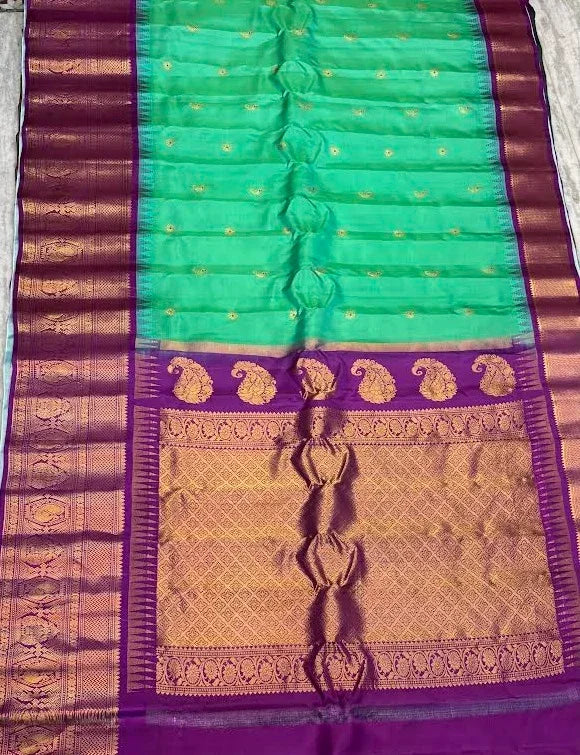Pure Gadwal Silk Saree in Rama Green and Lavender with Pure Zari Border - pochampallysarees.com
