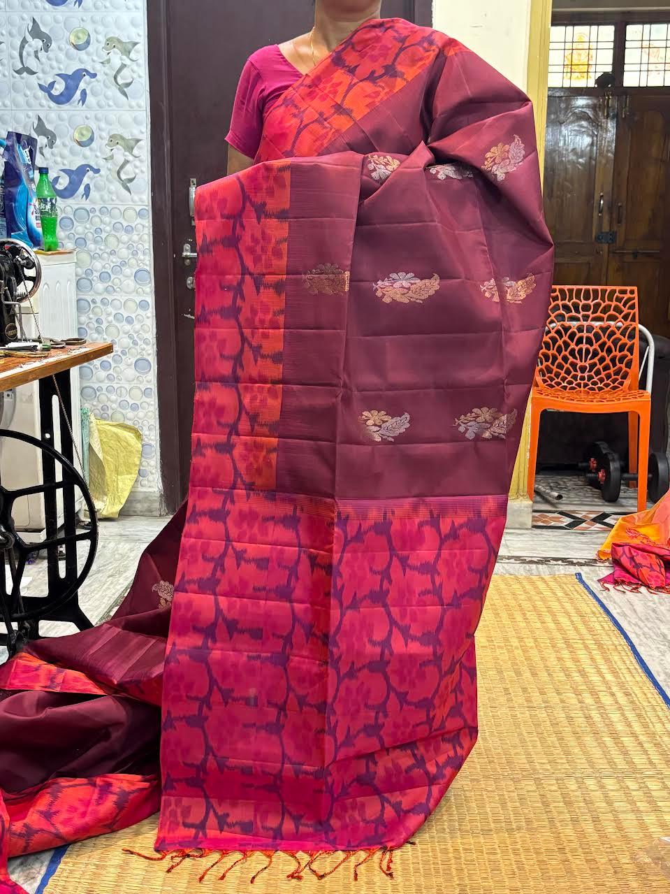 Kanchi Soft Silk Saree in Wine Magenta with Floral Jamdani Weave Border & Buttas