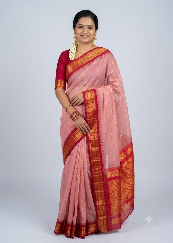 Traditional Light Pink Gadwal Cotton Saree with Maroon Zari Border gc 16