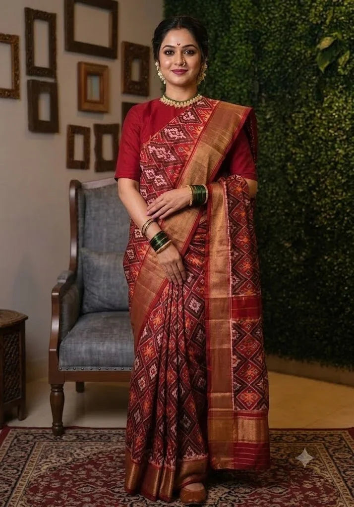 Regal Maroon Pochampally Ikkat Silk Patola Saree with Gold Zari - pochampallysarees.com