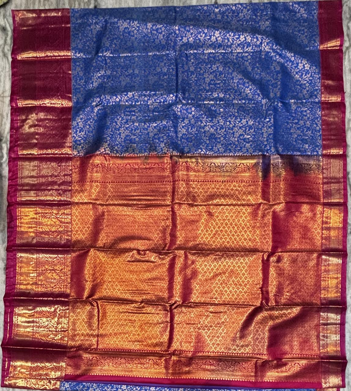 Royal Blue Semi Dharmavaram Silk Saree with Rani Pink Rich Zari Pallu & Border