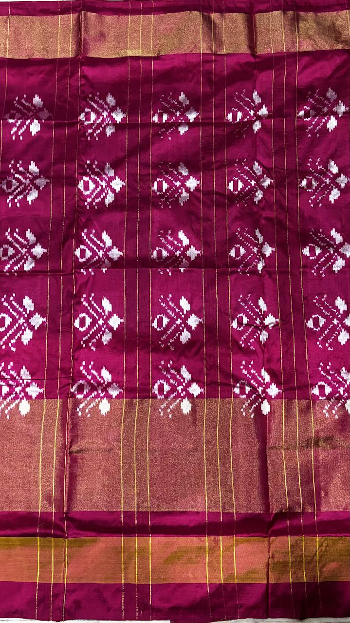 Authentic Blue and Pink Ikat Silk Saree with Zari Border