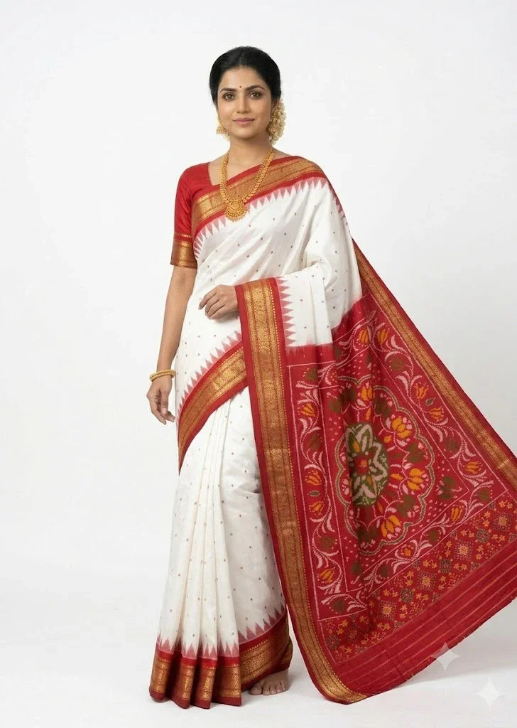 White Pochampally Ikkat Silk Saree with Red Zari Border and Floral Handwoven Ikkat Pallu
