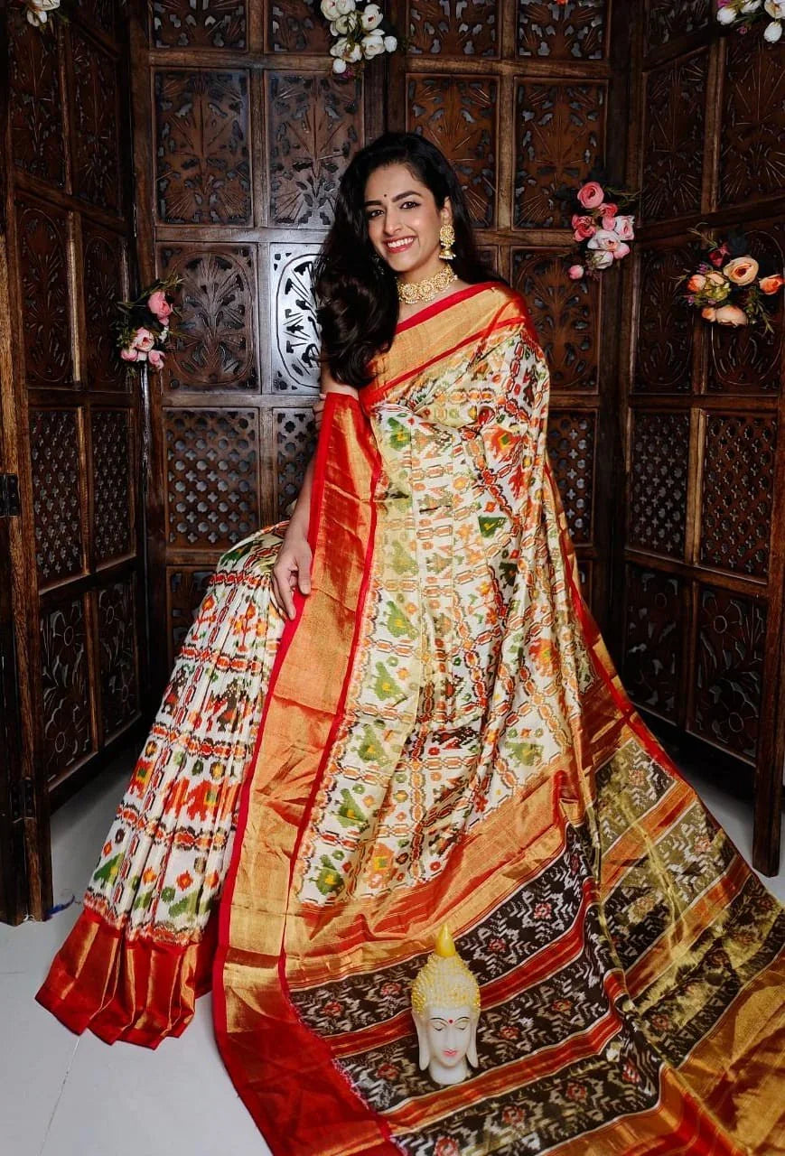 WHITE WITH RED COLOR POCHAMPALLY IKAT TISSUE SAREE - pochampallysarees.com