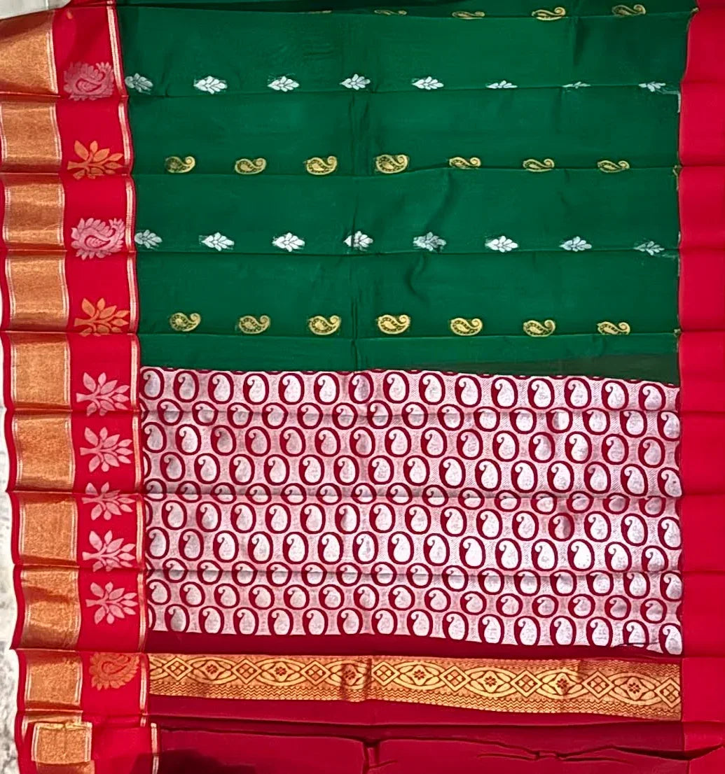 Elegant Green & Red Kuppadam Pattu Saree - pochampallysarees.com