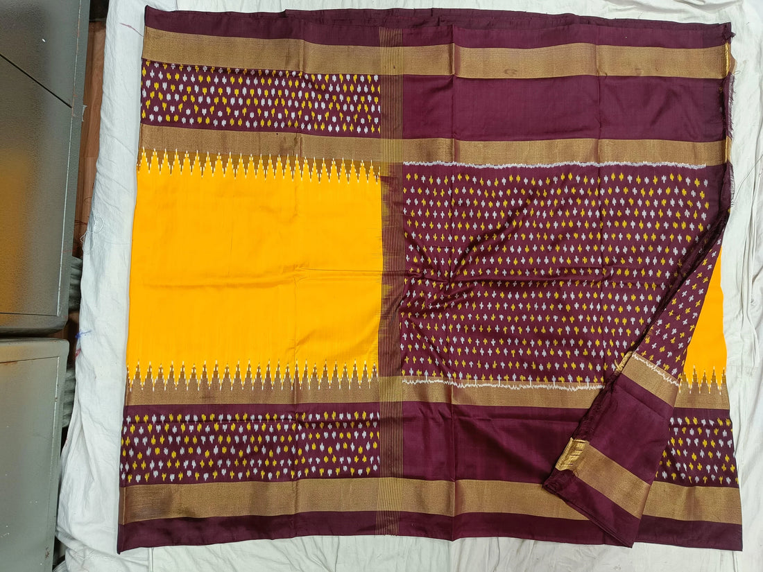 YELLOW WITH CHOCOLATE COLOR IKKAT SILK SAREE - pochampallysarees.com