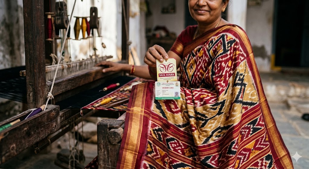 An authentic female weaver at a traditional wooden handloom proudly holding up a Silk Mark label and an official Weaver Card, wearing a genuine, beautifully detailed geometric Pochampally Ikat silk saree.