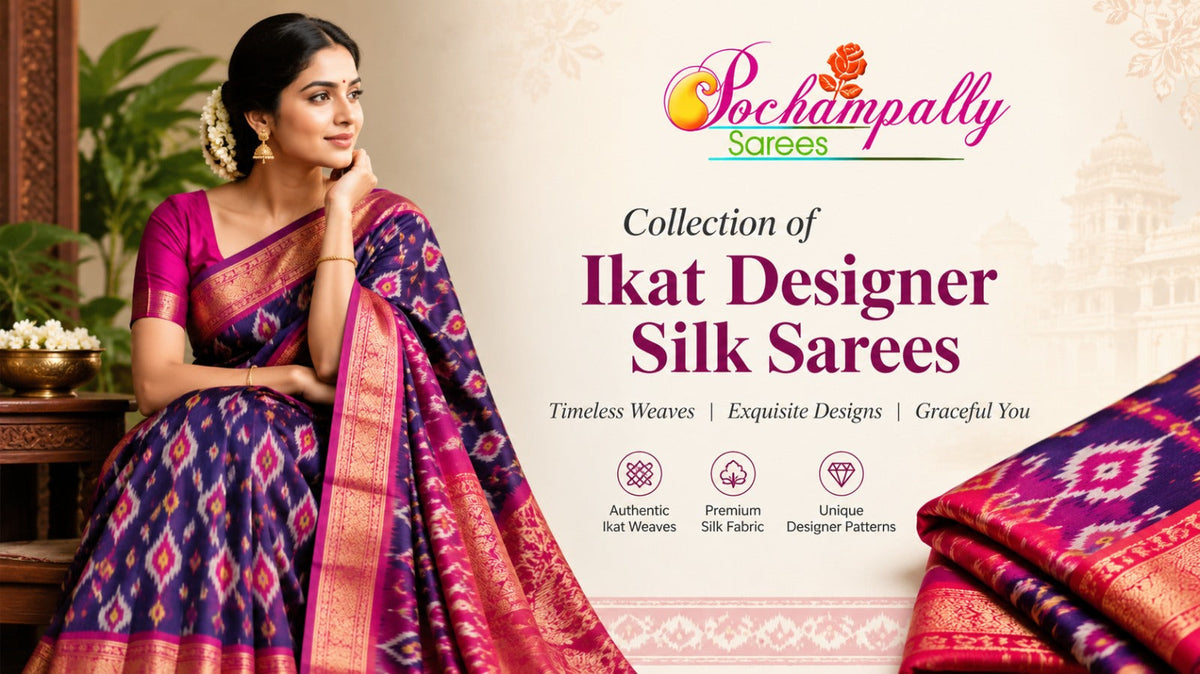 Woman wearing a purple and magenta Pochampally Ikat designer silk saree with gold zari border