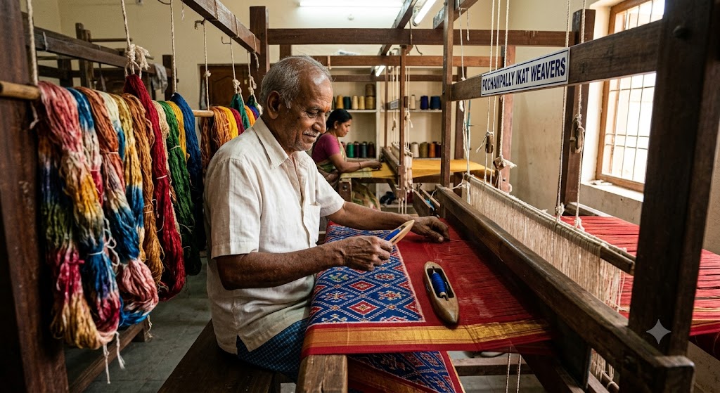 Pochampally-Ikkat-Silk-Weaving-pochampallysarees.com
