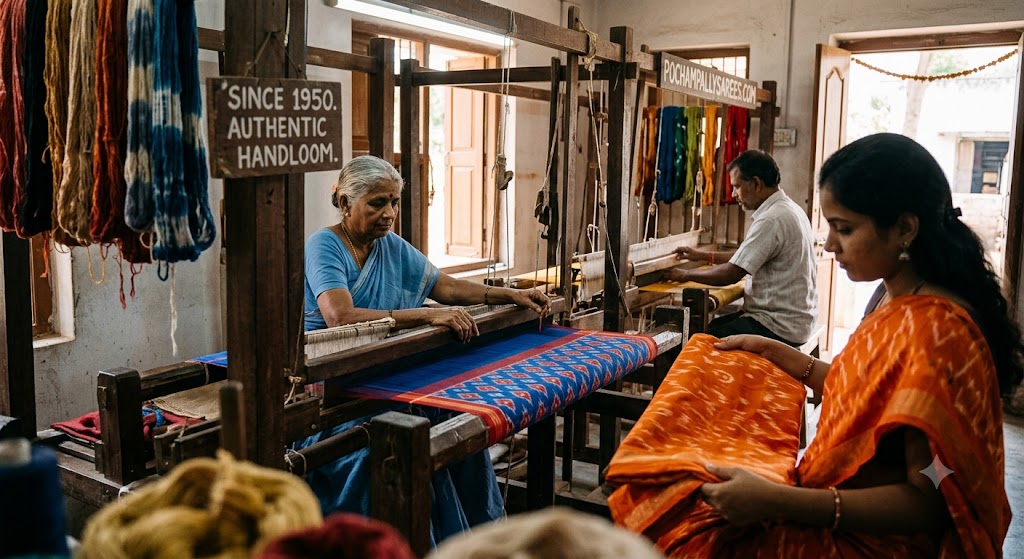 Senior Indian weaver and young apprentice actively weaving a Pochampally Ikat silk saree on a traditional wooden pit loom. A sign states "Since 1950. Authentic Handloom." near colorful yarns.