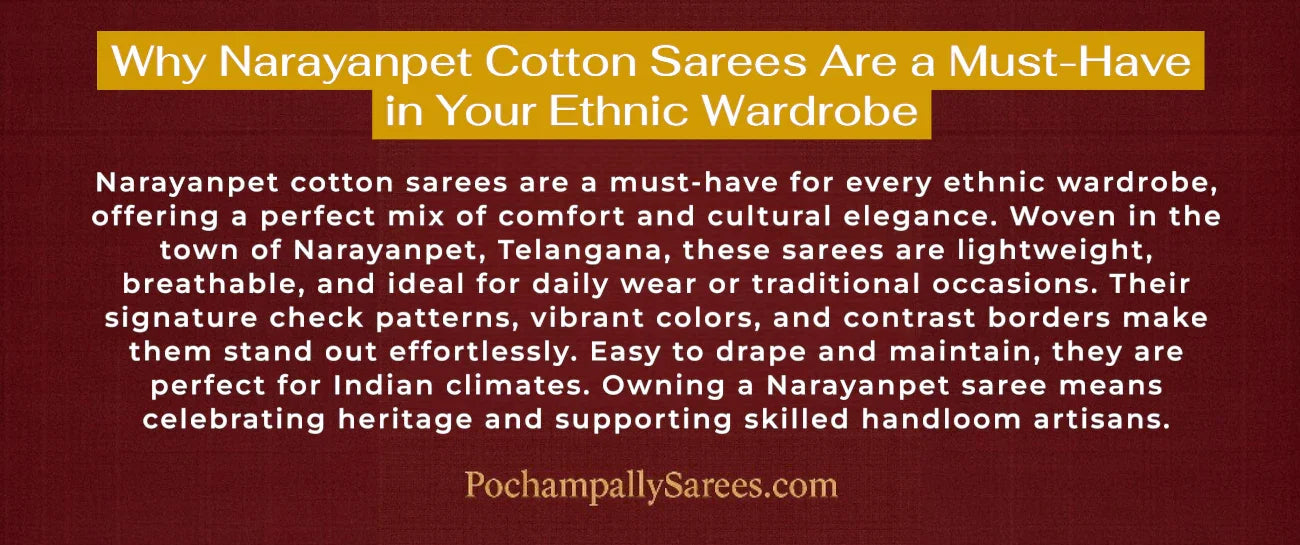 Explore the Timeless Beauty of Narayanpet Cotton Sarees -pochampallysarees.com