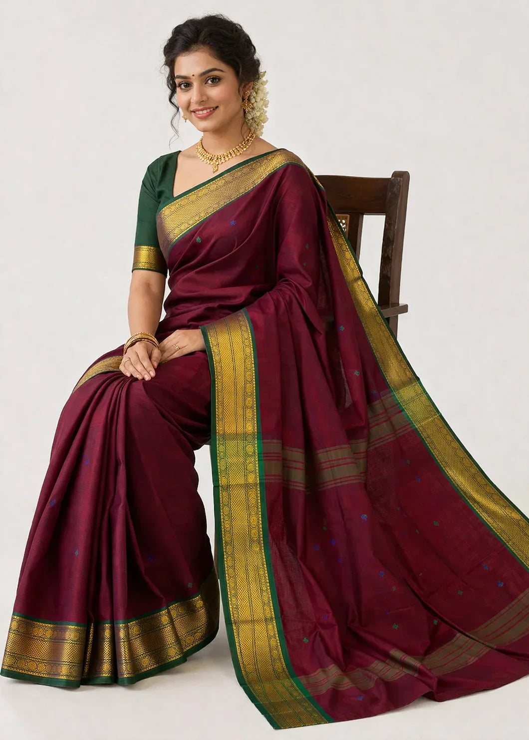 Pure Narayanpet Cotton Butti Saree Maroon with Gold Zari Border Traditional Handloom Saree