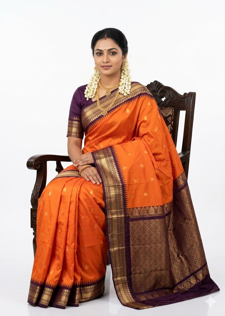 Authentic Vibrant Orange Checkered Gadwal Silk Saree with Rich Purple Border