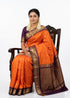 Authentic Vibrant Orange Checkered Gadwal Silk Saree with Rich Purple Border - pochampallysarees.com