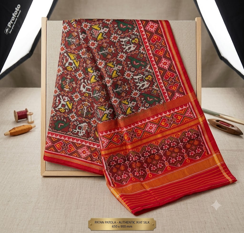 Authentic Crimson Red Handloom Real Ikkat Patola Silk Saree