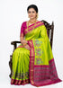 Vibrant Parrot Green Traditional Silk Saree with Pink Zari Border & Elephant Motifs - pochampallysarees.com