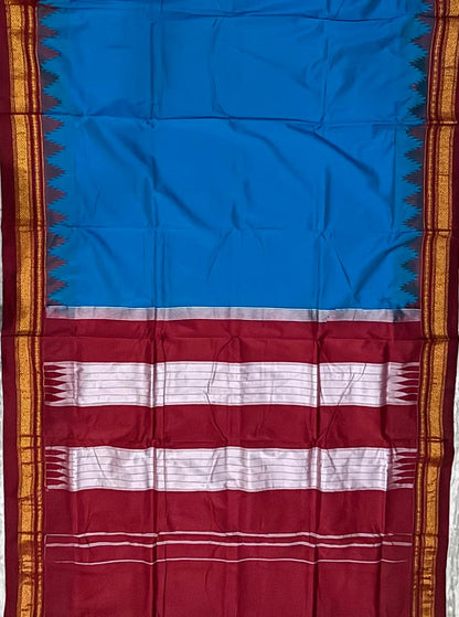 Electric Blue Gadwal Silk Saree with Maroon &amp; White Pallu