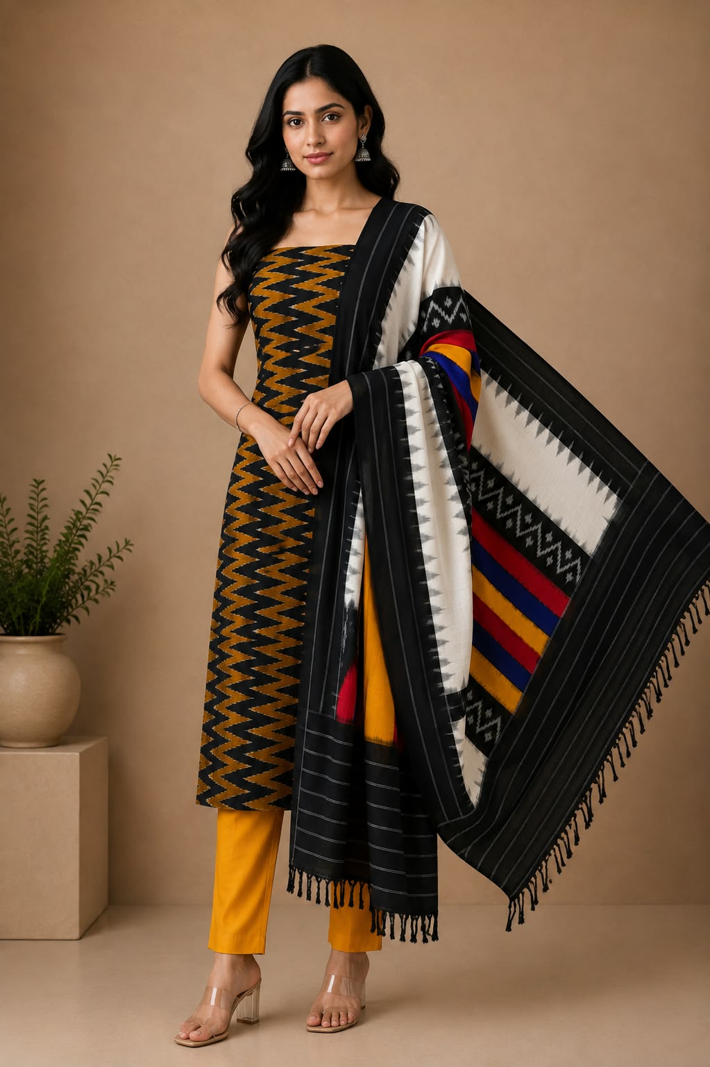 Black &amp; Mustard Yellow Handloom Double Ikkat Cotton Dress Material Set with Multicolor Pallu Dupatta