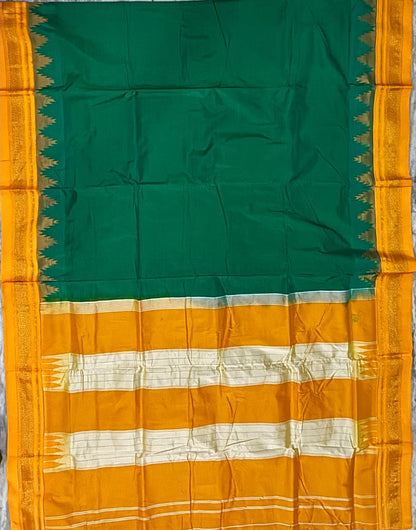 Deep Green Gadwal Silk Saree with Marigold Yellow Pallu