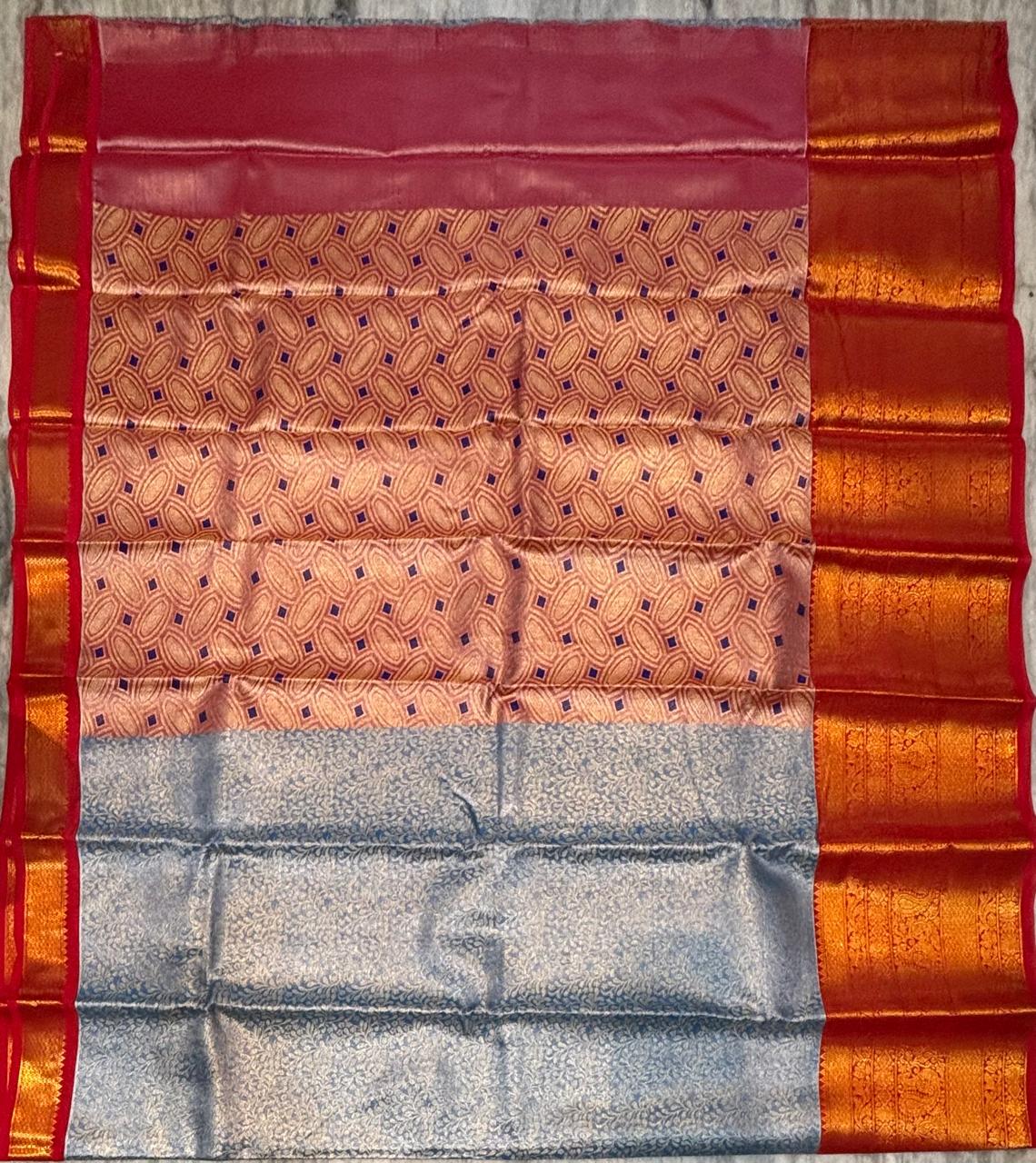 Dharmavaram Pattu Silk Saree in Light Blue With Red