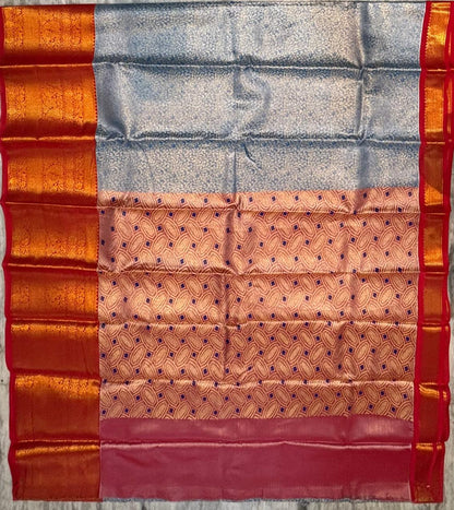 Dharmavaram Pattu Silk Saree in Light Blue With Red