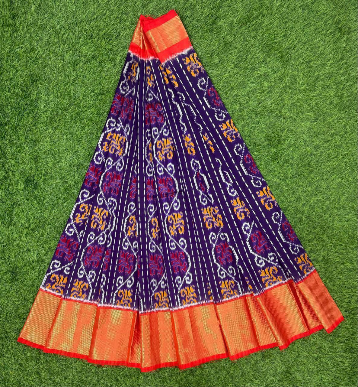 Blue and Red Ikkat Silk Big Size Lehenga (8 Years to 50 Years)with silk mark