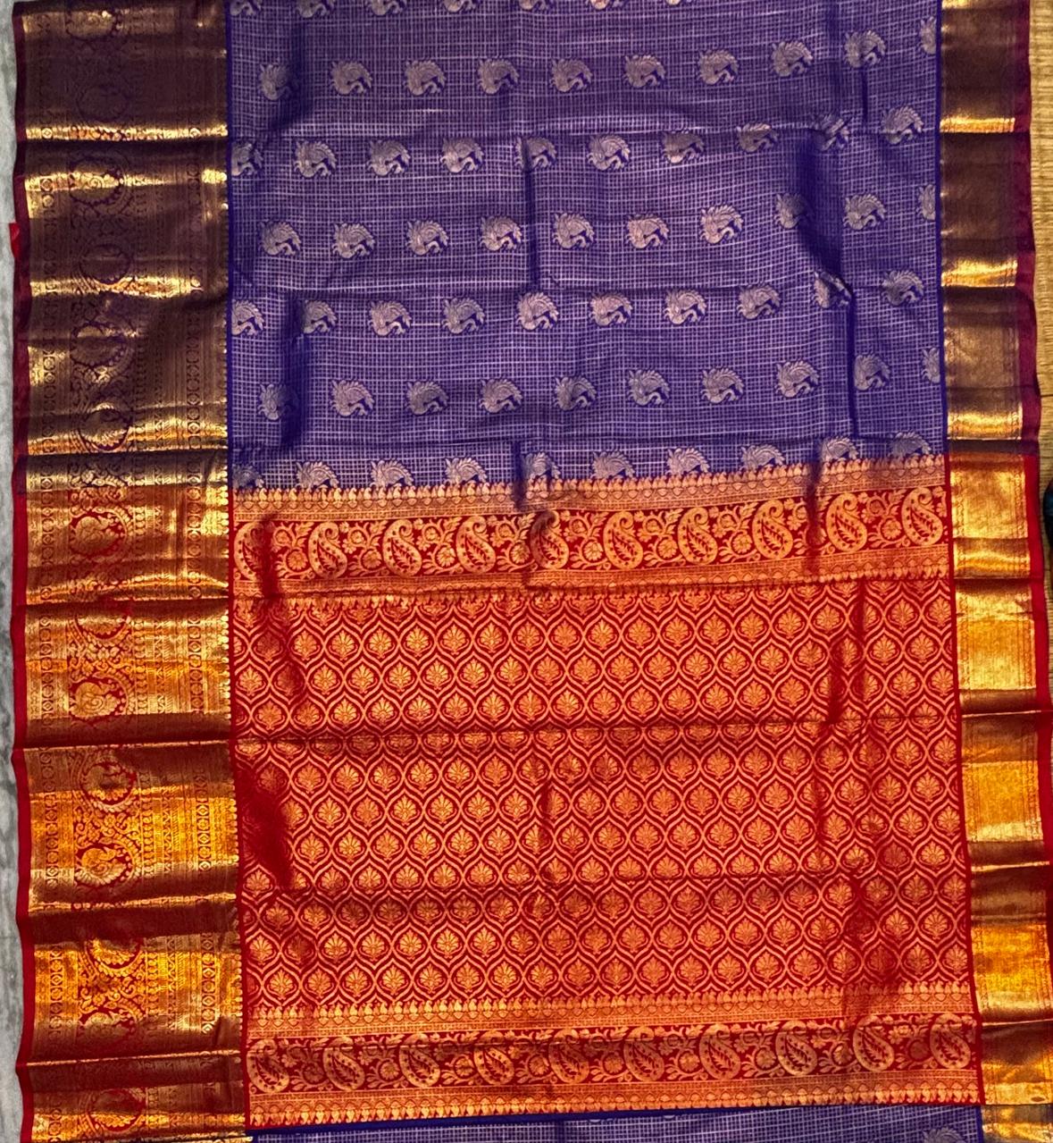 Royal Blue &amp; Crimson Red Semi Dharmavaram Silk Saree with Zari Checks and Brocade Pallu