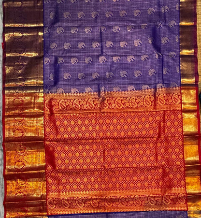 Royal Blue &amp; Crimson Red Semi Dharmavaram Silk Saree with Zari Checks and Brocade Pallu