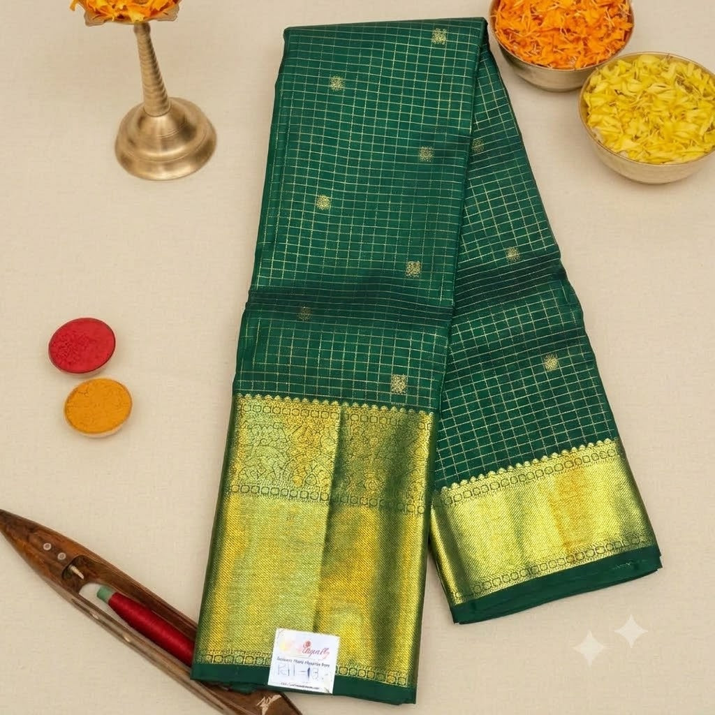 Dark Green Checkered Pure Kanchipuram Pattu Saree with Price Rich Gold Zari | Bridal Silk