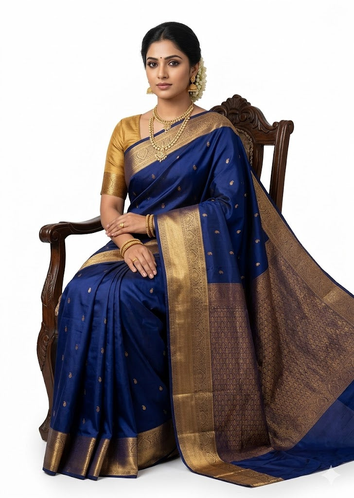 Authentic Navy Blue Dharmavaram Silk Saree with Heavy Gold Zari Border