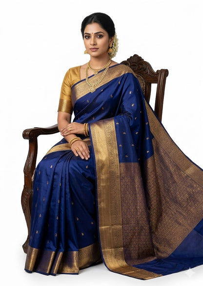 Authentic Navy Blue Dharmavaram Silk Saree with Heavy Gold Zari Border