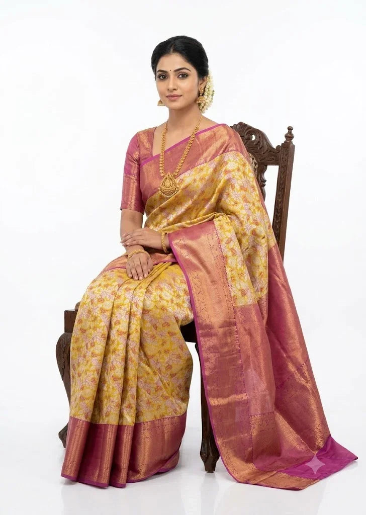 Dharmavaram Pattu Silk Saree Light Yellow & Purple Sari - pochampallysarees.com