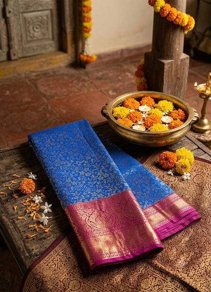 Royal Blue Semi Dharmavaram Silk Saree with Rani Pink Rich Zari Pallu &amp; Border