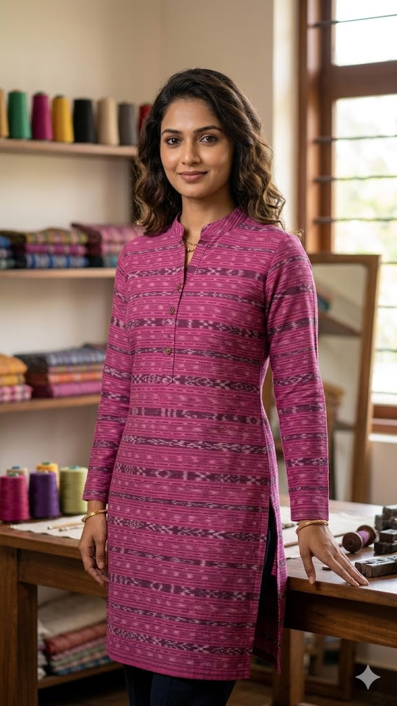Premium Pink Sambalpuri Ikat Unstitched Handloom Fabric - pochampallysarees.com
