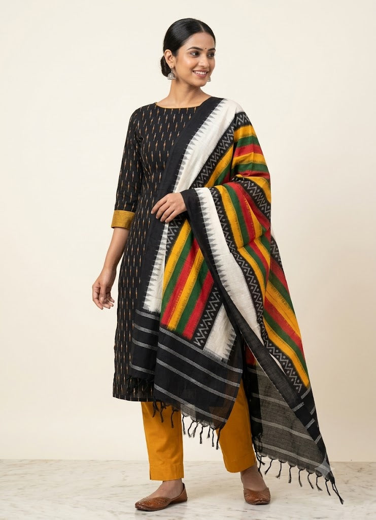 Pure Handloom Double Ikkat Cotton Dress Material Set with Contrast Dupatta d28