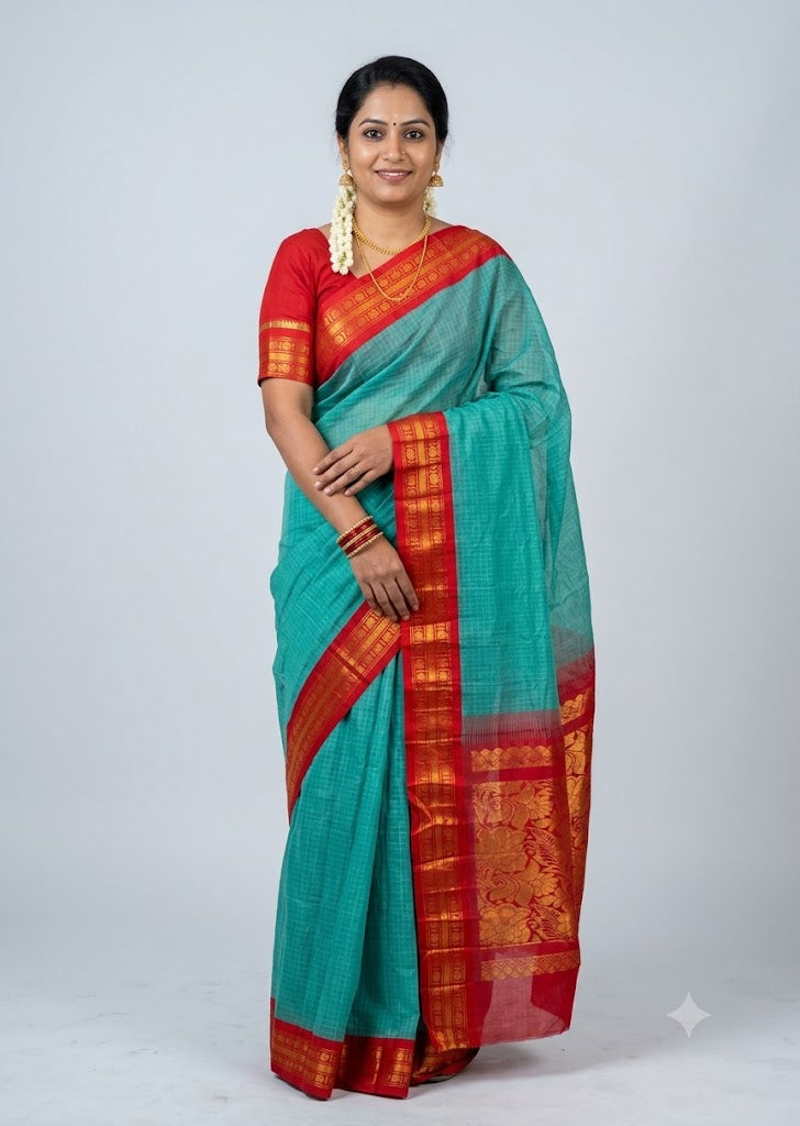 Traditional Aqua Green Gadwal Cotton Saree with Red Zari Border gs 19
