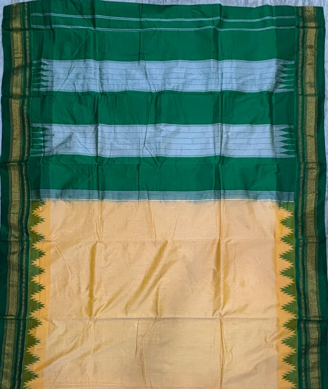 Cream and Emerald Green Gadwal Silk Saree with Temple Border