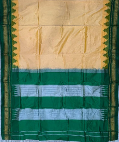 Cream and Emerald Green Gadwal Silk Saree with Temple Border