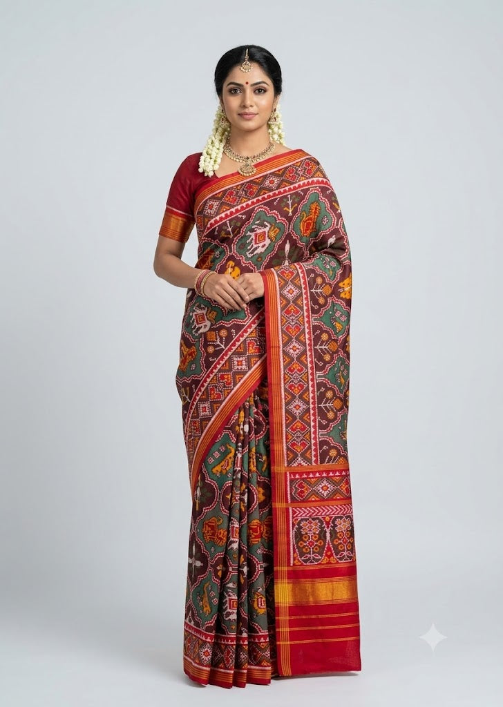 Authentic Maroon Pure Real Patola Silk Saree with Traditional Animal Motifs