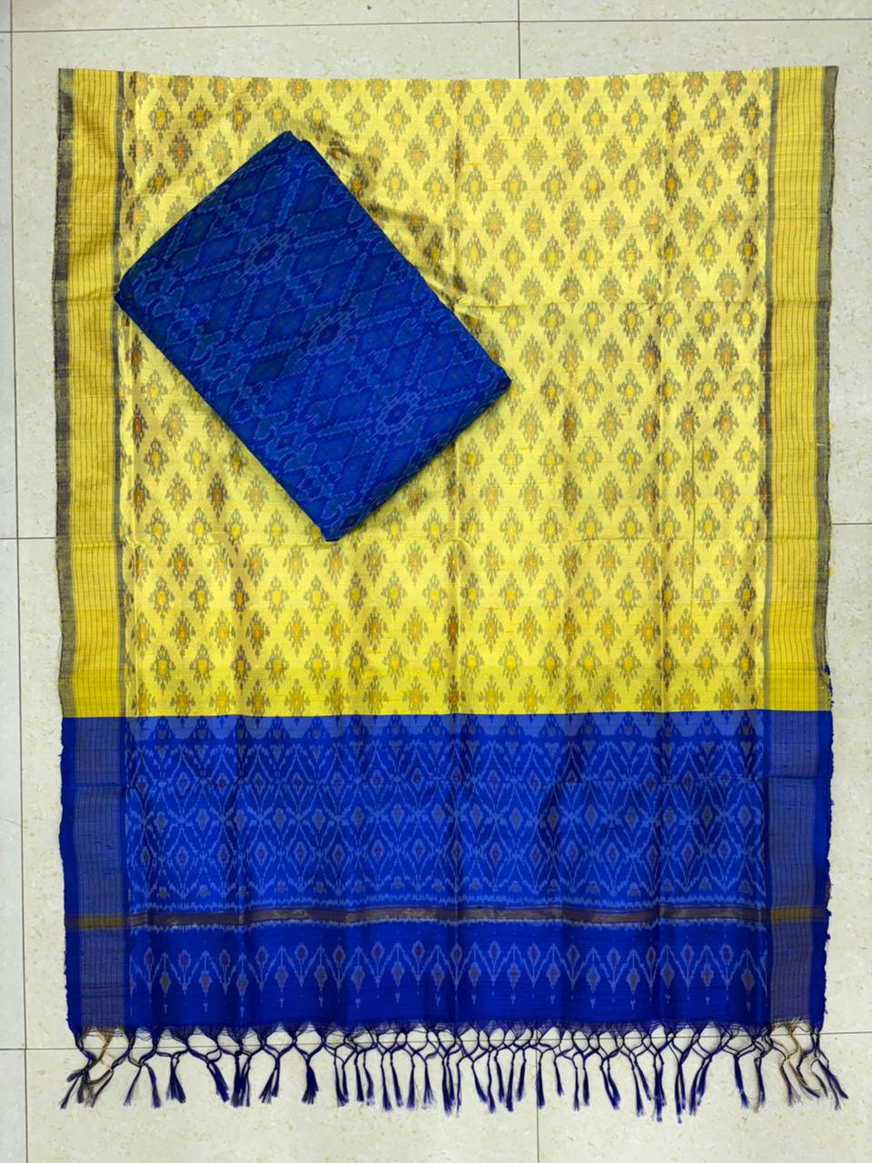 Latest Ikkat Silk Dress Material: Yellow &amp; Blue Pochampally Salwar Suit