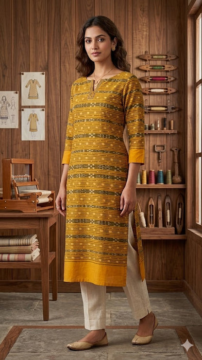 Elegant Mustard Yellow Sambalpuri Ikat Handloom Fabric with Traditional Bandha Weave