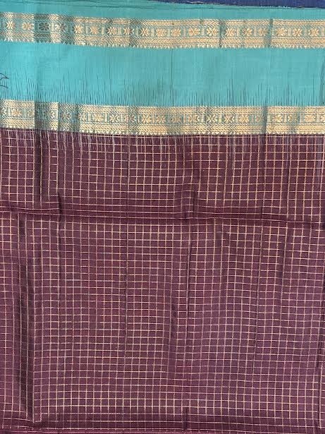 Wine Plum Kanchi Soft Silk Saree with Contrast Sea Green Zari Border With Silk Mark