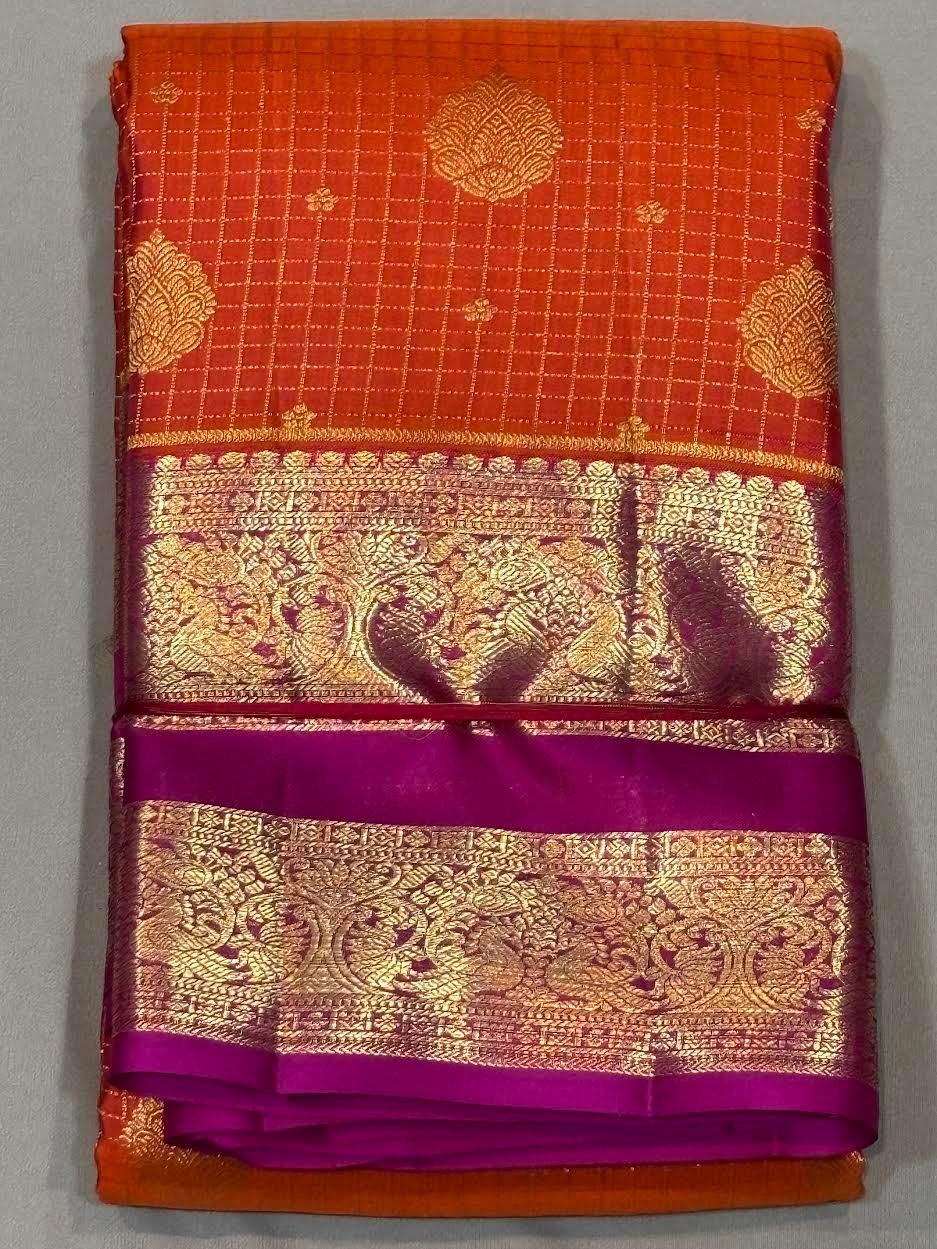 Vibrant Orange Pure Kanchipuram Pattu Saree with gold zari border Magenta Gold Zari Border | Traditional Wedding Silk - pochampallysarees.com