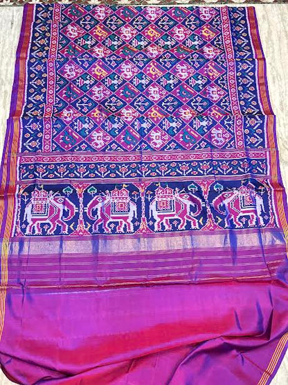 Royal Purple Real Patola Silk Saree with Elephant Motif Pallu and Zari Border