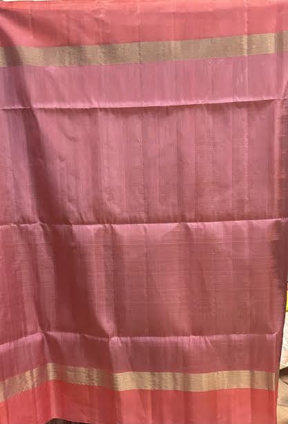 Beige Soft Silk Saree with Coral Pink &amp; Blue Contrast Zari Border
